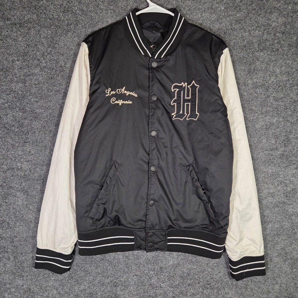 Hollister Varsity Jacket Mens Small Black White Los Angeles Embroidered Bomber